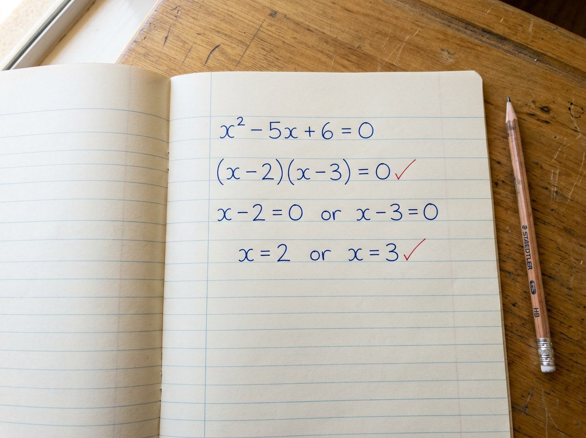 A student's handwritten quadratic working in an exercise book, with red ticks