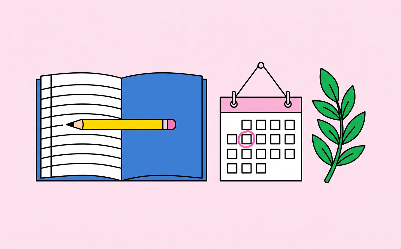Illustration of an exercise book with a pencil, a wall calendar and a leaf sprig