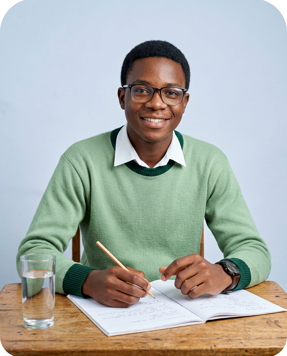 A Zambian Grade 12 student at a school desk, pencil over an exercise book